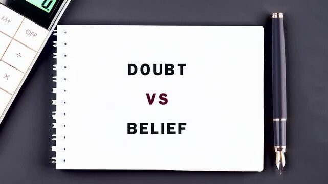 The message Doubt versus Belief is written on a white spiral notebook