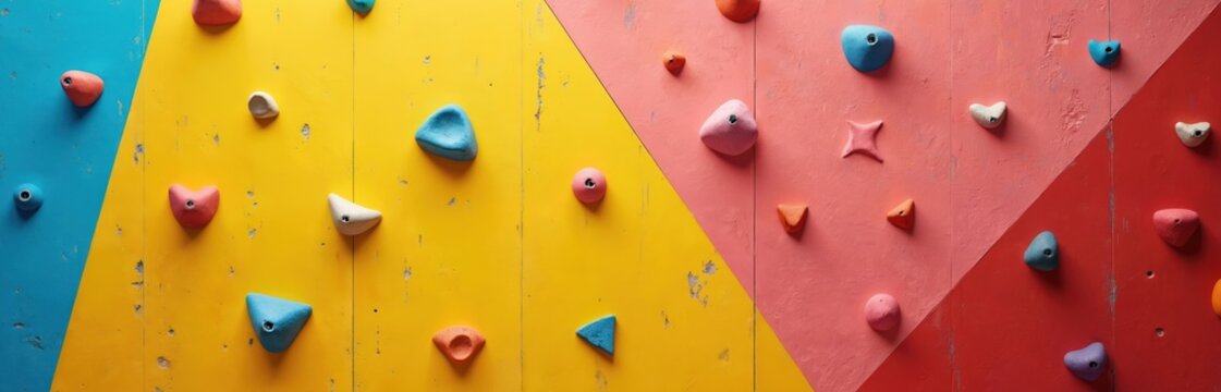 Indoor climbing wall detail with colorful holds on yellow pink and red panels. Variety of grips for bouldering and sport. Textured surface for vertical sport challenge.