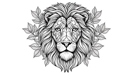 Obraz premium Black and white lion head with leaves isolated on white background