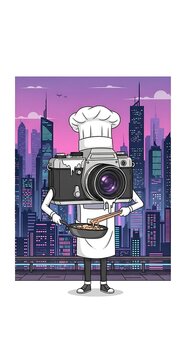 A cartoon camera, in chef attire, holds a pan with food on a rooftop overlooking a city at sunset