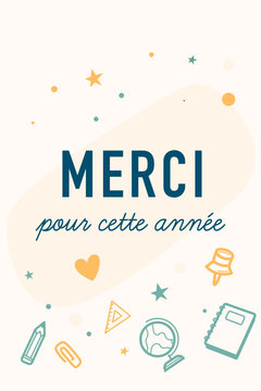 Carte de remerciement pour ma&icirc;tresse ou enseignant avec design minimaliste, &eacute;l&eacute;ments scolaires et palette douce. Id&eacute;al pour fin d&rsquo;ann&eacute;e scolaire, enfant, gratitude. Dire merci &agrave; son enseignant