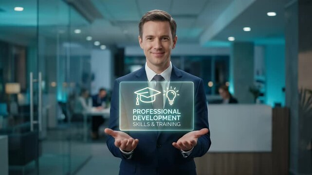 Engaging corporate professional in a modern office setting presents virtual training icons, captured with a slow pan and gentle background movement, featuring a cinematic style that highlights persona