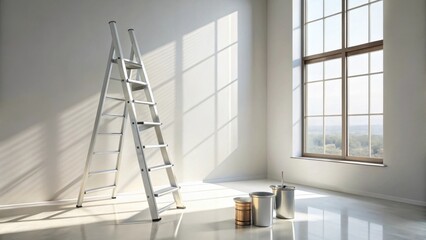 Fototapeta premium A stepladder stands in a sunlit empty room, ready for home improvement tasks, near paint containers and a brush holder, symbolizing new beginnings and potential for transformation