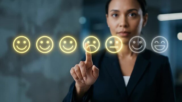 A professional woman interacts with a digital feedback interface, showcasing emotion selection, in a sleek, modern office setting with a steady tracking shot for a cinematic corporate video.