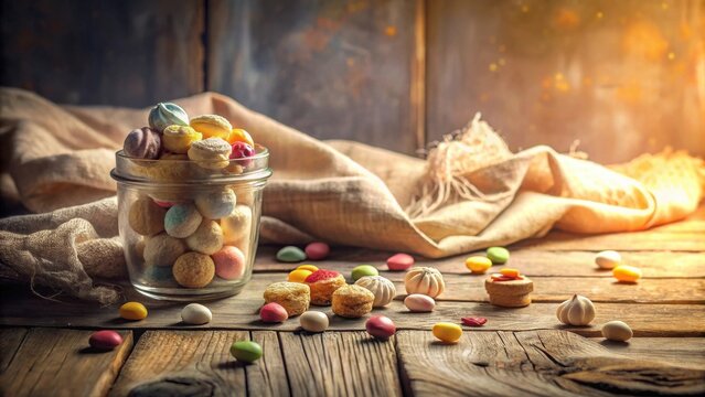 A rustic wooden table setting displays an assortment of colorful sweets and confectionery treats in a glass jar, alongside a burlap cloth and scattered candies.