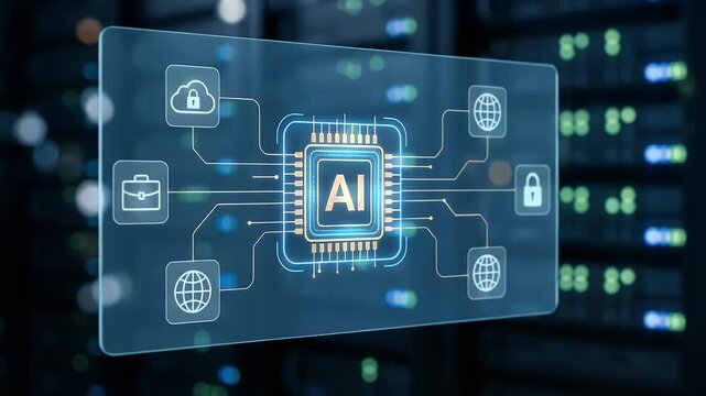 Explore the dynamic intersection of technology and innovation in a cinematic scene, featuring a close-up hand motion activating an AI interface, with a slow pan revealing data connections and ambient 