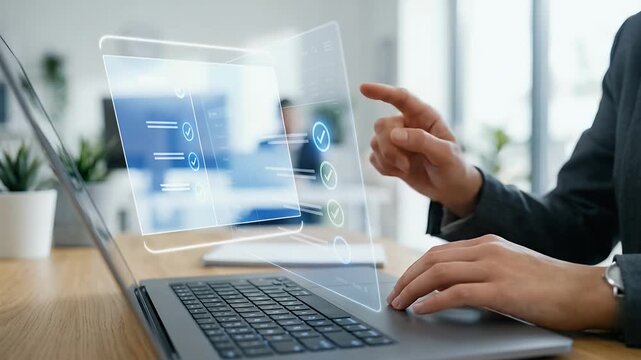 A professional navigating a futuristic interface on a laptop, with gentle ambient motion of screen elements and a slow pan camera movement, creating a cinematic atmosphere of productivity and innovati