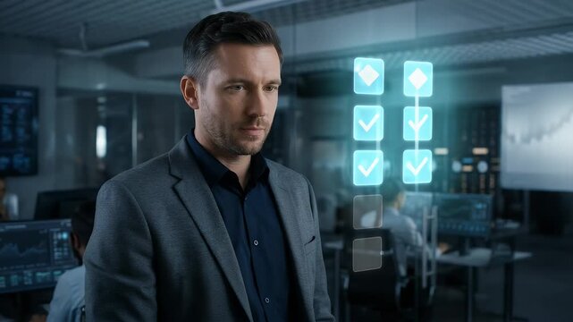Medium close-up of a business professional extending a finger to activate one highlighted checkbox within a vertical row of floating squares, subtle tap confirming selection as the chosen box emits a 