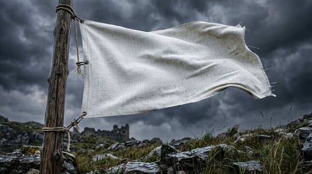 Blank White Flag Waving On Wooden Pole Under Stormy Sky