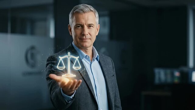 A professional man demonstrates a glowing scales of justice symbol in a modern office setting, featuring a slow pan to enhance the cinematic atmosphere, emphasizing legal expertise and innovation.