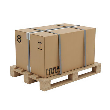 Cardboard box secured with straps on a wooden pallet ready for shipping transparent background