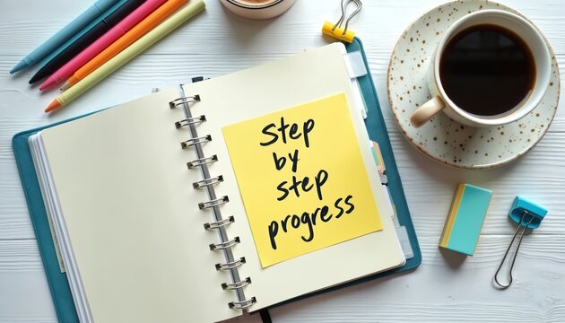 Open notebook displays yellow sticky note with text tep by step progress. Beside note are pens, coffee cup, and office supplies for planning success.