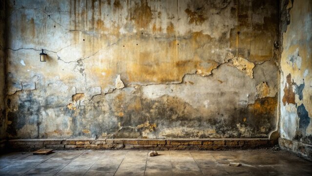 A desolate room's aged wall, exhibiting extensive decay and a solitary, weathered fixture