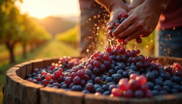 Hands crush red and blue grapes into wooden barrel. Vineyard harvest juice splashes in warm sunlight. Traditional wine making process at rural estate.