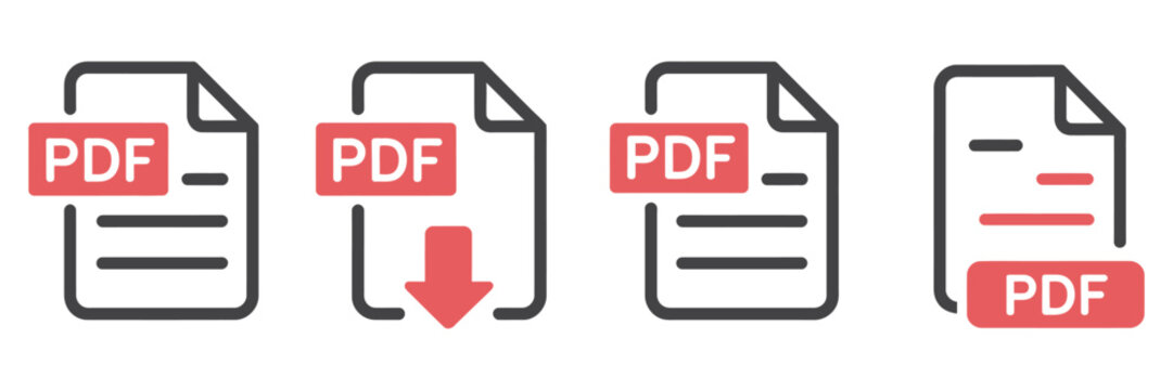 PDF file icons in vector format, including download and document symbols, suitable for texts, images, videos, and interactive forms.
