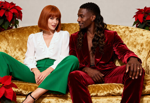 A stylish diverse couple in festive red and green outfits on a gold velvet sofa. Man in a red velvet suit and woman in a white blouse and green pants celebrating Christmas or a holiday party