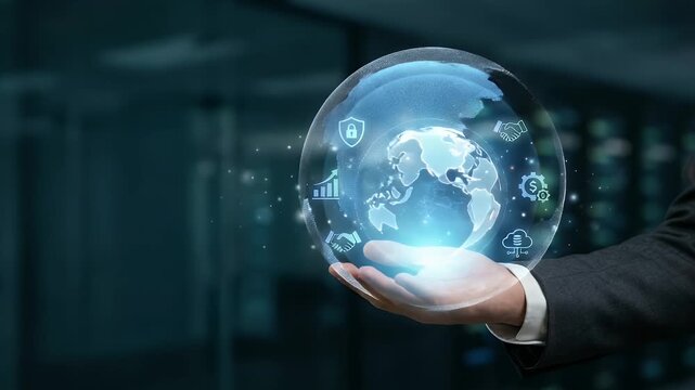 Showcasing a business professional gently presenting a glowing globe with floating data icons, captured in a cinematic slow pan, highlighting innovation, technology, and global connectivity.