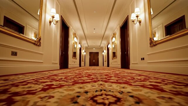 Walking Through a Classic Hotel Corridor with Elegant Lighting