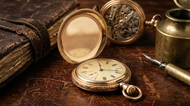 Gold Pocket Watch Resting Open On Desk Next To Antique Book