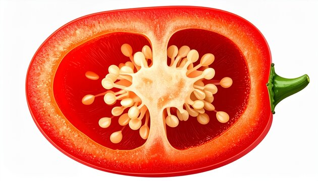 Vibrant red scorpion pepper cross-section with seeds and membrane on white background