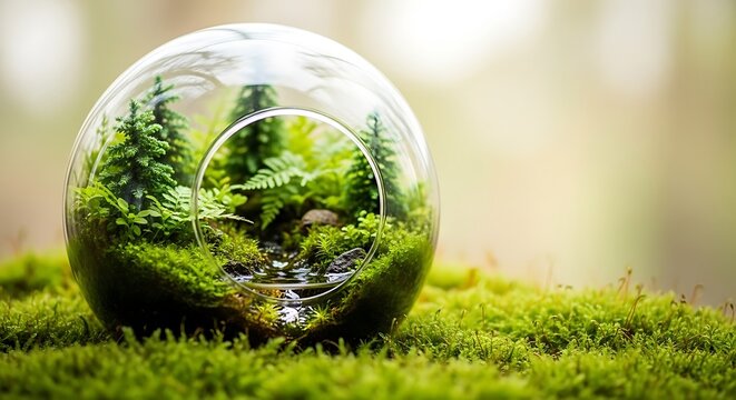 A miniature forest inside a glass globe sits on mossy ground surrounded by trees.