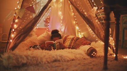 Fototapeta premium Girl reading in cozy tent adorned with fairy lights and soft pillows, bathed in warm light