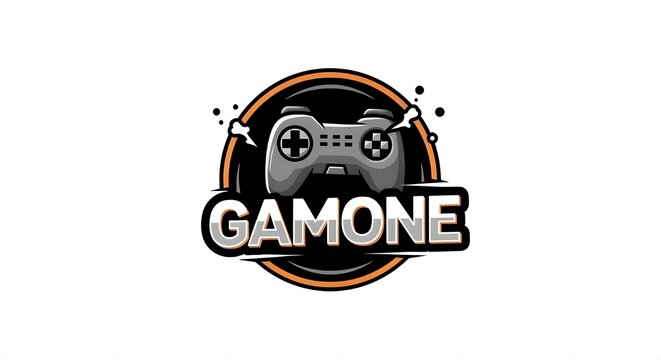 Gaming logo design featuring a grey controller icon with "GAMONE" text on a circular black and orange background
