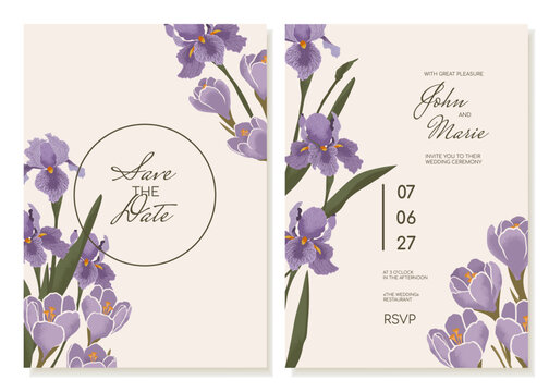 Wedding Invitation with spring purple flowers. Beautiful irises Hand drawn in detail with crocuses. Vector Flower banners, flyers, covers for spring