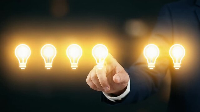 A professional in a suit interacts with glowing lightbulbs, showcasing idea generation, as the camera slowly tracks to highlight the moment in a cinematic, inspirational setting.