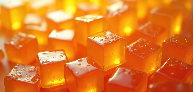 Close up macro view of translucent orange jelly cubes glistening under warm light. Sugar crystals sparkle on sweet dessert pieces. Gelatinous food texture in bright, abstract arrangement.