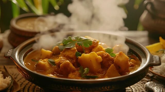 A hearty Indian curry served with rice and garnished with herbs, presented in a steaming metal pot.