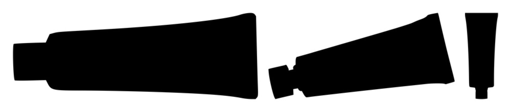 Toothpaste tube set with black silhouette on white background featuring oral hygiene, dental care, cosmetic cleaning with cylinder and cap design