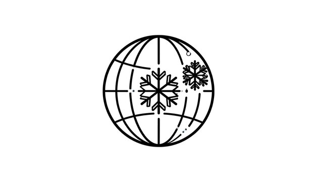 A black and white line drawing of a globe with two snowflake icons overlaid on it. The globe has gridlines
