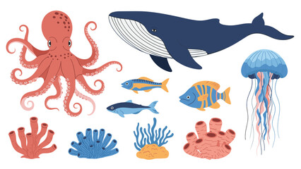 Fototapeta premium Underwater life collection featuring a whale, octopus, jellyfish, colorful fish, and various types of coral and sponges.