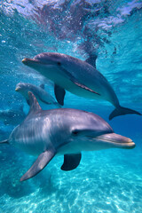 Obraz premium playful dolphins jumping in bright blue ocean, pod of dolphins swimming in sunlit sea, dolphins in clear tropical waters under bright sky