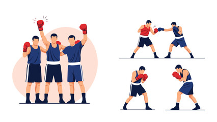 Fototapeta premium Boxing sports illustration set featuring a group of three victorious boxers and individual athletes in various fighting and training stances.