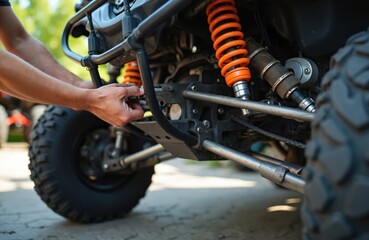 Fototapeta premium Mechanic adjusts ATV suspension system in outdoor workshop. Man fixes quad bike part using tool. Orange shock absorber visible on vehicle wheel.