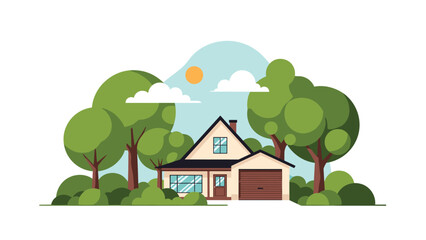 Fototapeta premium Modern residential house with a garage is nestled among large, leafy green trees under a bright sunny sky with white clouds.