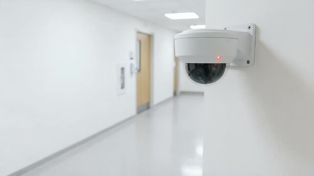 Capture a cinematic view of a security camera monitoring a sterile hallway, featuring gentle ambient motion as lights flicker and a slow pan reveals the clean, modern design, emphasizing surveillance 