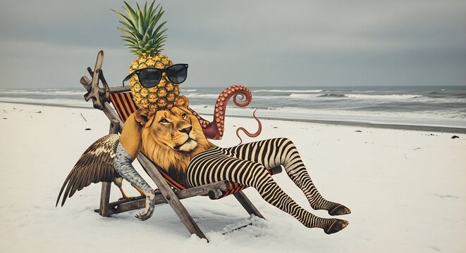 Surreal Collage of a Pineapple Lion Zebra Hybrid Relaxing on a Beach Chair.