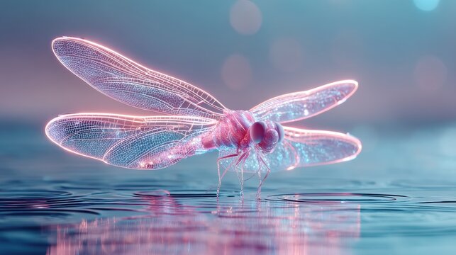 Neon glowing dragonfly standing on calm water surface with bokeh background macro closeup