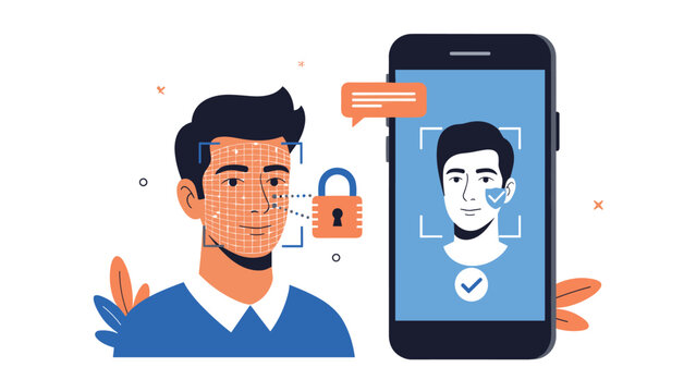 Facial recognition technology concept showing a biometric scan of a mans face being verified on a mobile smartphone with a padlock icon.