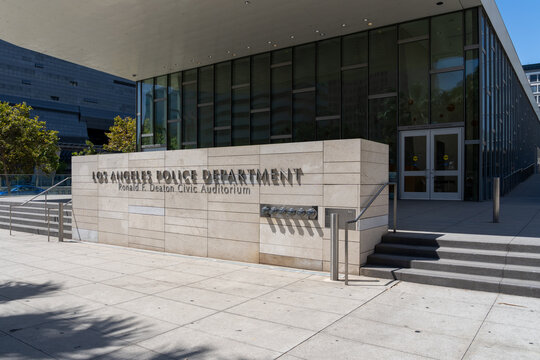 Los Angeles, CA, USA - July 11, 2022: Los Angeles Police Department (LAPD) Headquarters at Ronald F. Deaton Civic Auditorium in Los Angeles, CA, USA. 