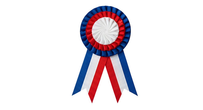 A red, white, and blue ribbon rosette on transparent background