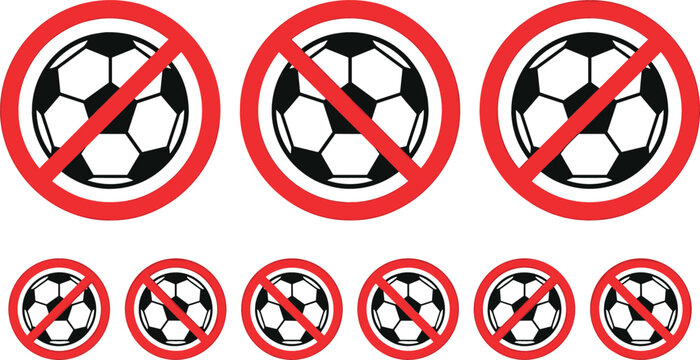 Set of No Soccer Ball Icons with Red Cross for Sports Restrictions, Prohibited Activities, and Warning Signs