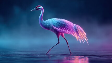 Obraz premium Neon lit crane wading in shallow water with glowing pink and blue feathers at night