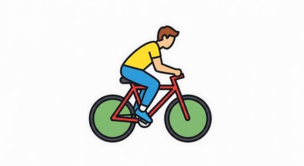 Obraz premium A cartoon illustration of a person riding a red bicycle with green wheels, wearing yellow shirt and blue pants