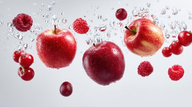 Red apples raspberries and cherries splashing in water with bubbles on clean white background