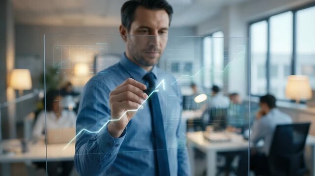 Dynamic business professional interacts with a transparent digital display, illustrating growth trends, while the camera gently pans across a modern office environment in a cinematic style.