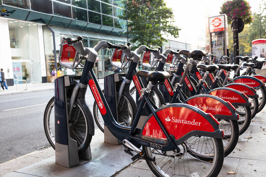 Santander Cycles parked at a docking station. London, UK, 2 September 2023